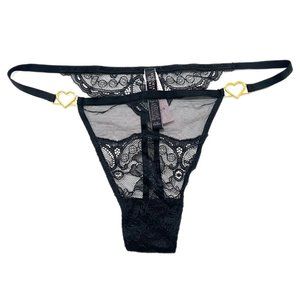 Victoria's Secret Very Sexy Heart Ring Thong Panty  XL Black Lace mesh NWT
